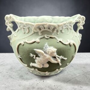 Antique Shafer And Vater Green Cameo Cherub Jasperware Vase Open Sugar Bowl Read
